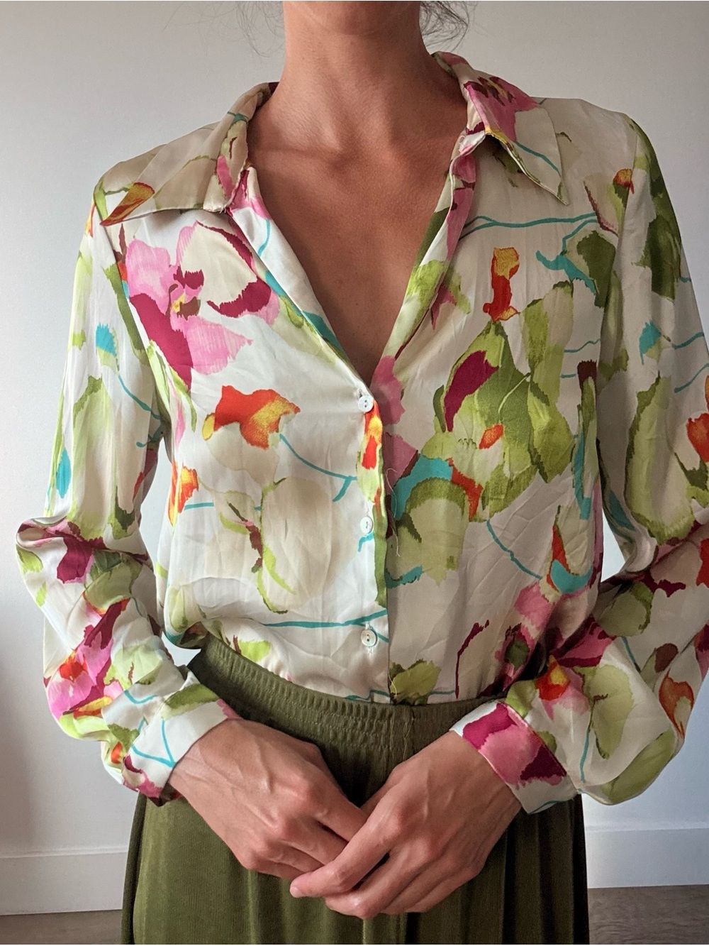 Zara Cream Floral Satin Button-Down Shirt with Pink Green Teal & Orange Accents